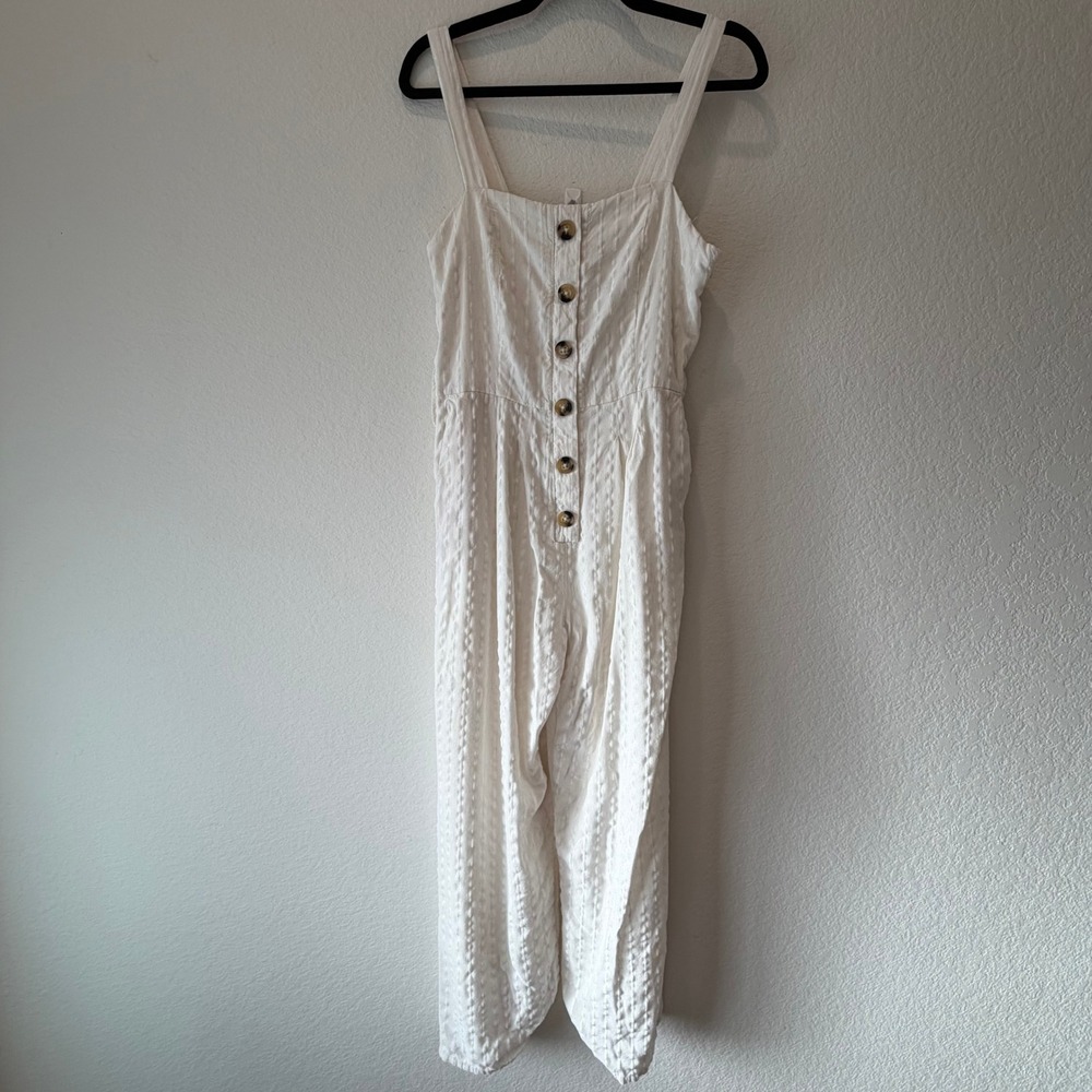 Lucy Paris White Textured Button Front Sleeveless Jumpsuit Metallic Stripe Large